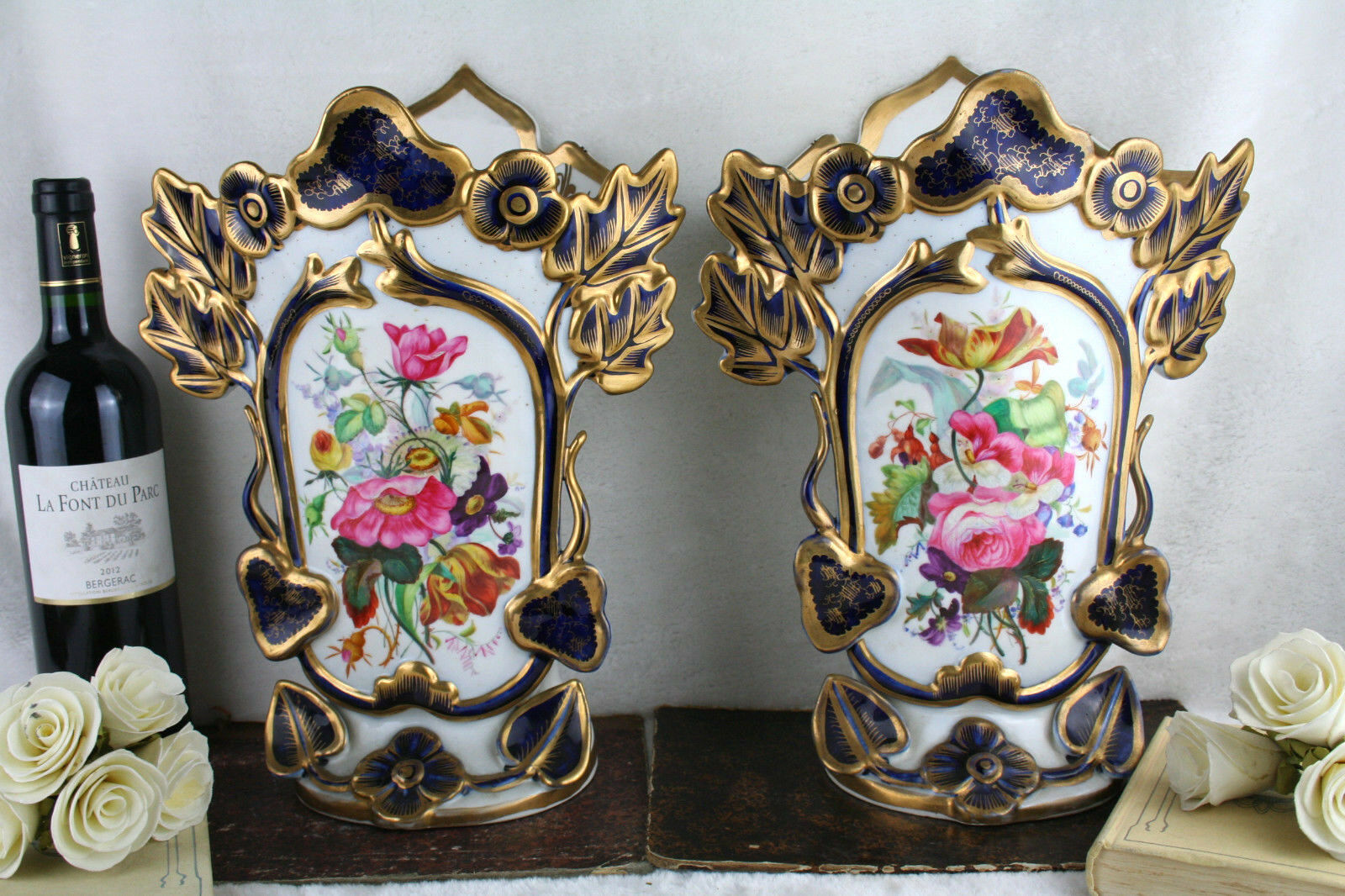 PAIR 19thC old Bayeux Paris porcelain floral hand paint decor French Vases