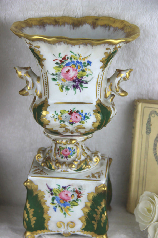 PAIR old gorgeous vieux paris porcelain Vases floral decor marked 1950's