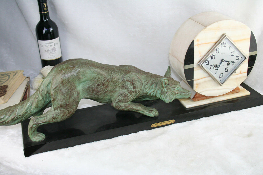 XXL ART DECO 1937 French Fox spelter bronze marked clock marble base rare