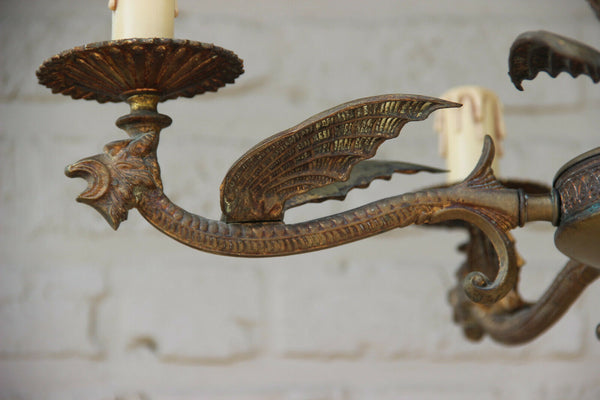 Antique French neo gothic castle 5 arms dragon  chandelier lamp rare