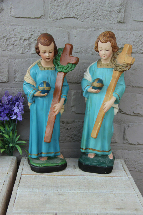PAIR antique French chalkware Child Jesus Figurine statue with crucifix