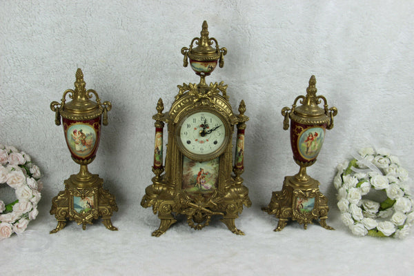 French porcelain Burgundy red romantic victorian Clock set vases