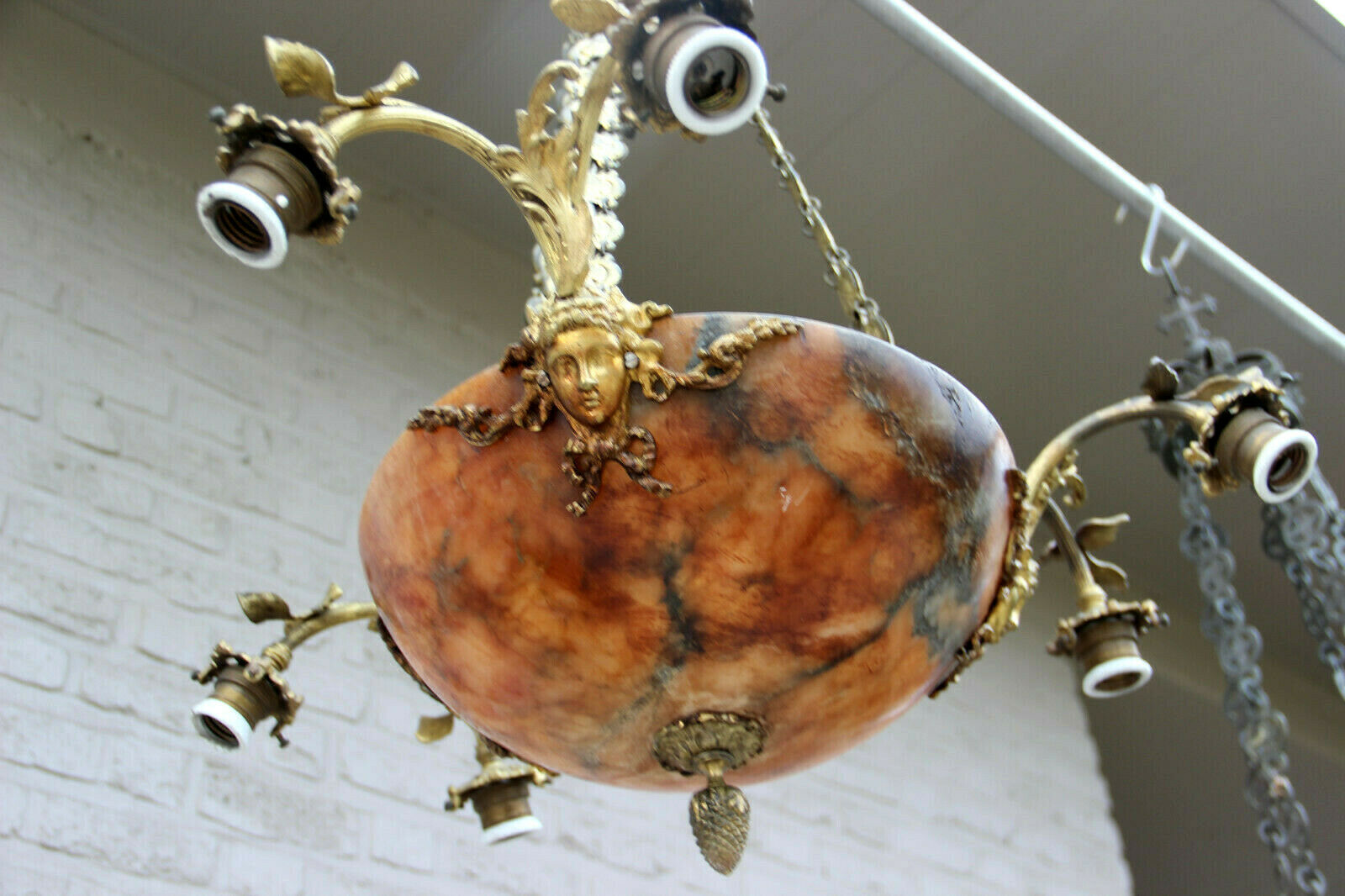 Gorgeous French amber alabaster bowl coupe caryatid heads chandelier lamp