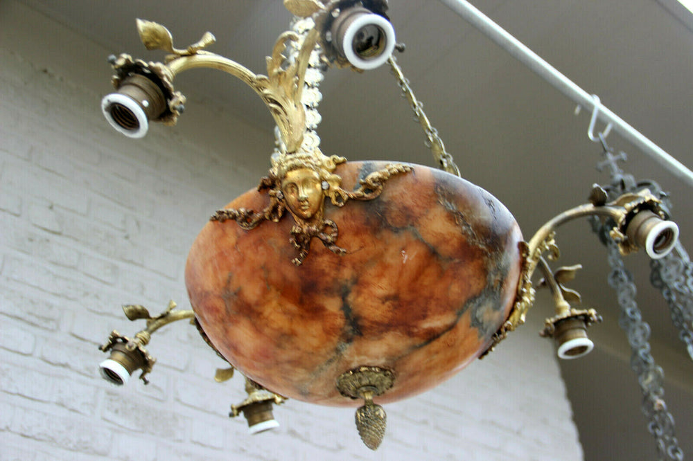 Gorgeous French amber alabaster bowl coupe caryatid heads chandelier lamp