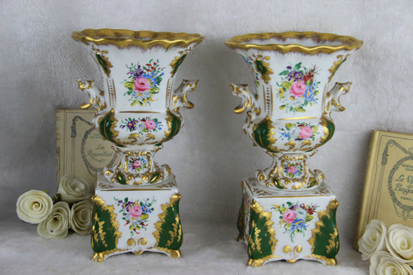 PAIR old gorgeous vieux paris porcelain Vases floral decor marked 1950's