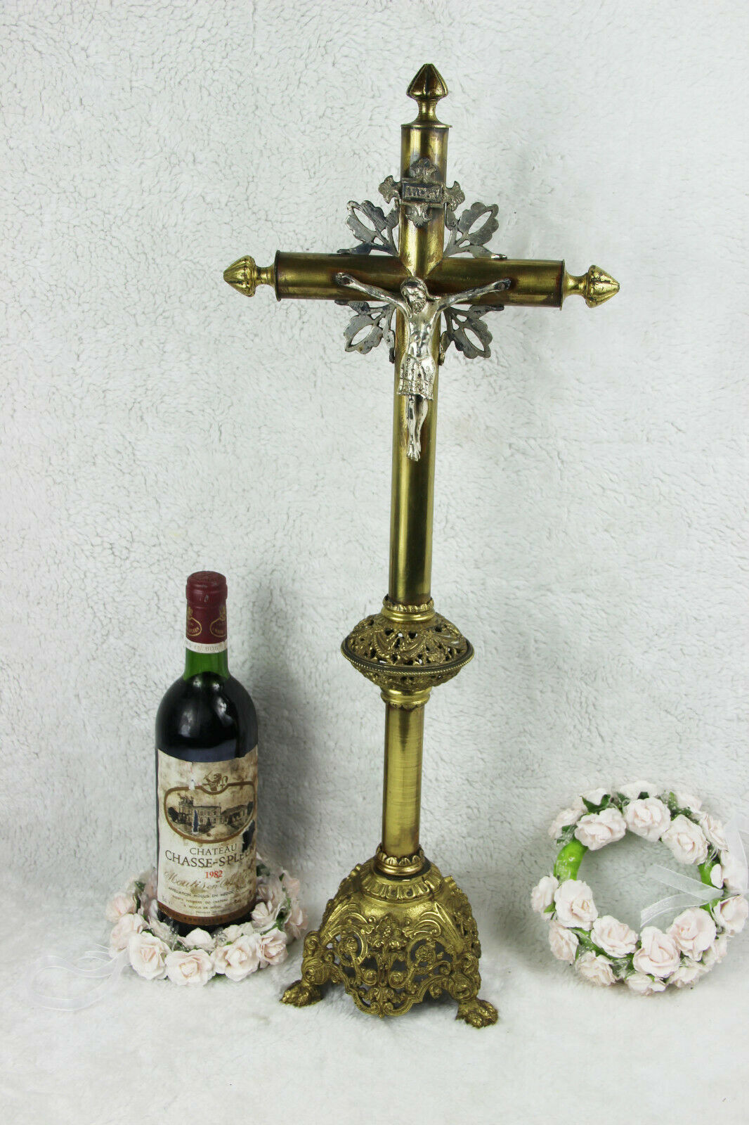 Antique XL French Altar religious 19thc Brass bronze Crucifix dragon heads base