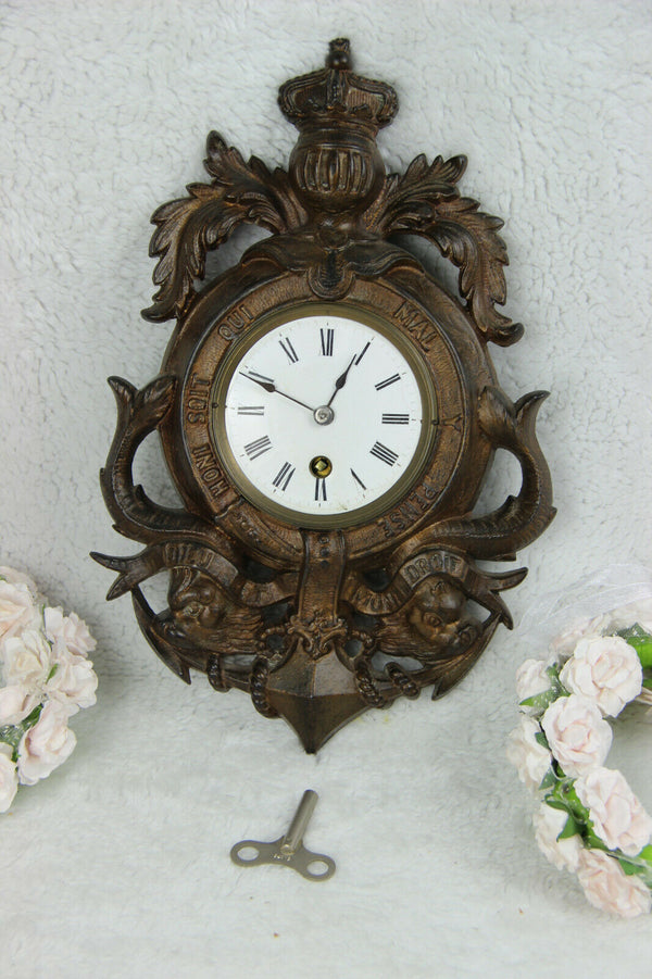 Vintage French spelter bronze anchor dolphin fish knight wall clock rare