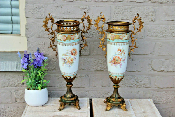 PAIR antique French bronze porcelain floral Vases urns 1920s
