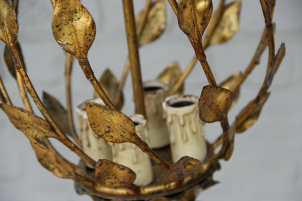 Mid century 1960 Metal gold gilt leaves chandelier pendant lantern maison jansen