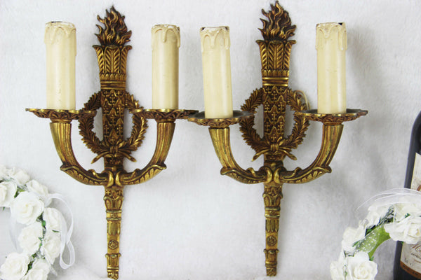 PAIR antique french brass Wall lights sconces Laurel fleur de lys 1930's flame