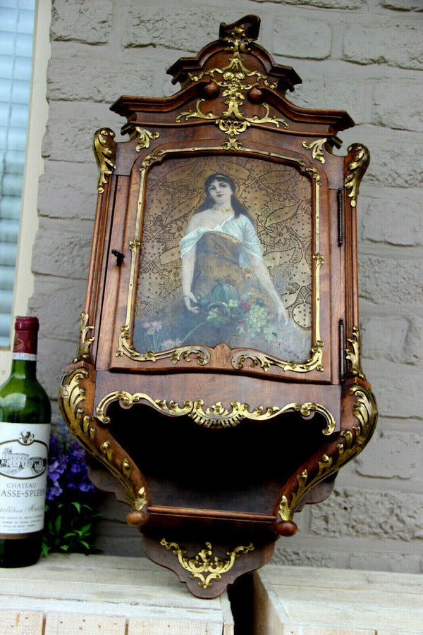 RARE Antique French wood apothecary wall cabinet hand paint portrait lady