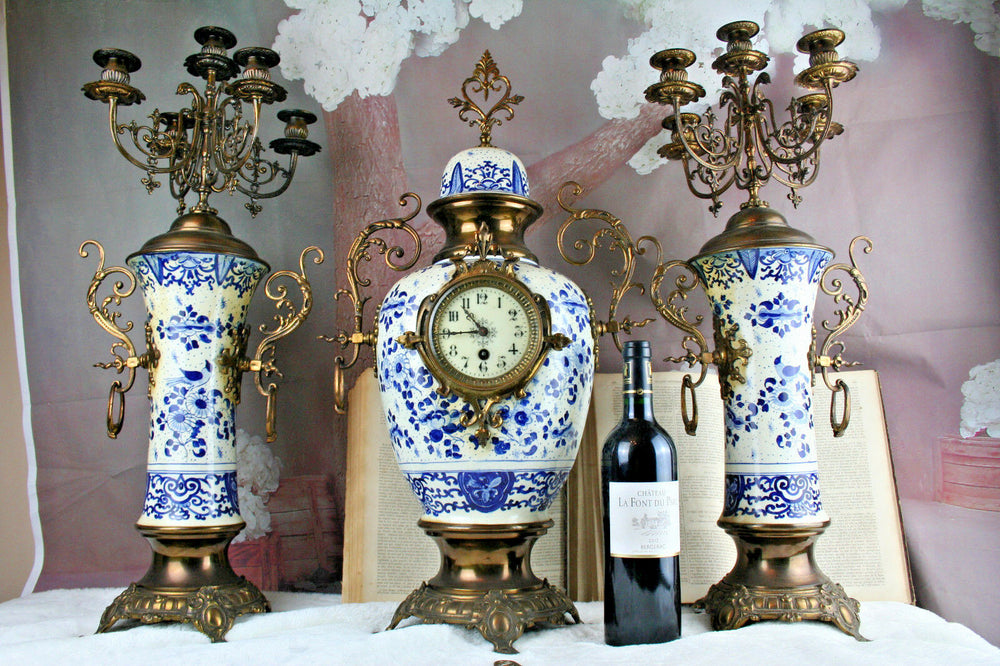 XXL Delft Bluewhite pottery birds decor clock candelabras 1930 Holland mantel