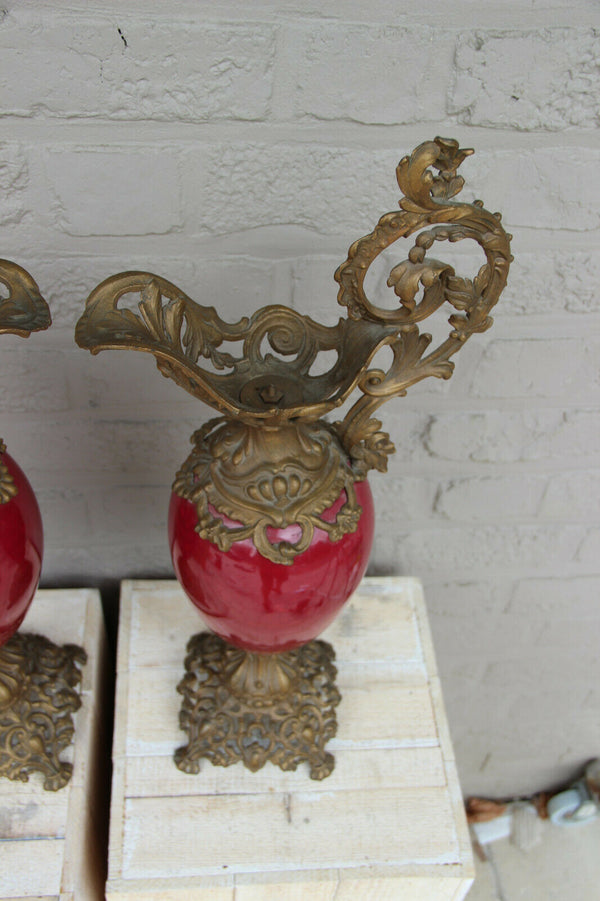 Antique French spelter Faience sang de boeuf Vases ewer pitcher