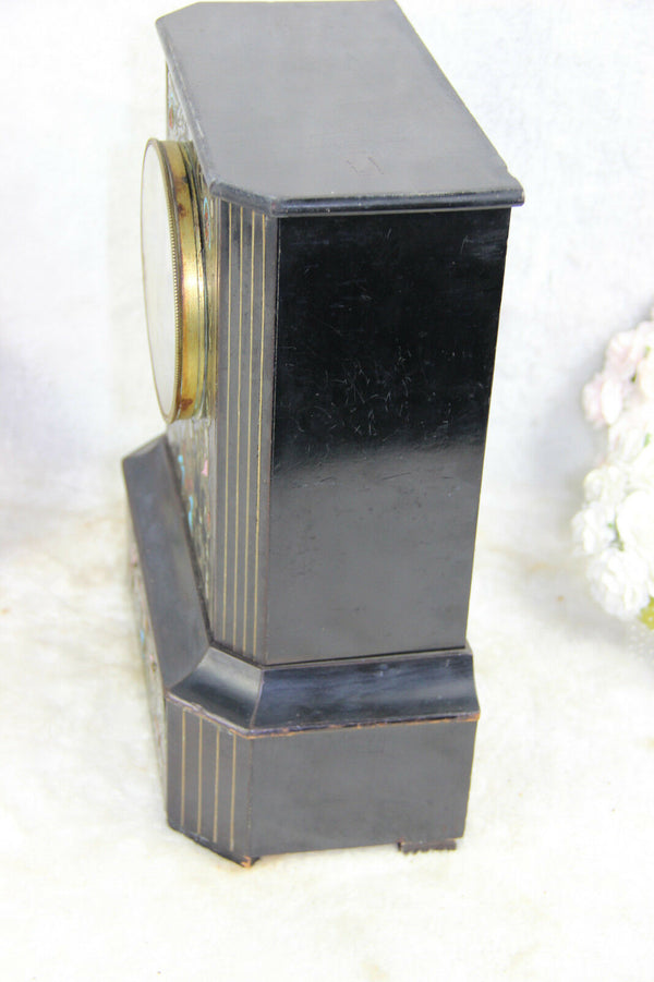Antique Napoleon III portico clock black lacquered inlaid 19thc