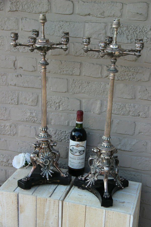 XL PAIR antique French Bronze silver pl  dragon gothic Castle candelabras lamp