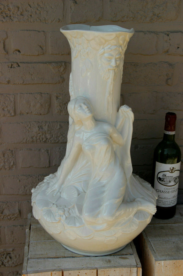 XL French art nouveau porcelain white Lady nymph Satyr head floral Vase