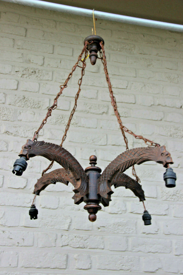 Antique french gothic castle Wood carved dragon chimaera 4 arm chandelier