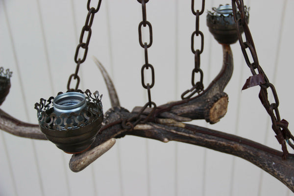 Vintage hunting cabin Antlers resin cast 4 lights pendant chandelier 1970's