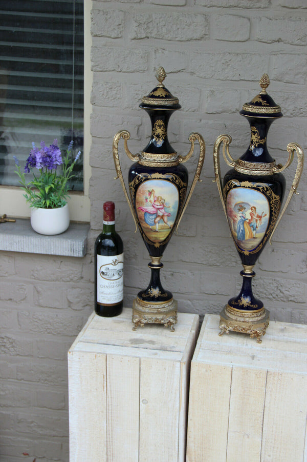 XL pair French sevres blue porcelain romantic victorian Vases marked lion head