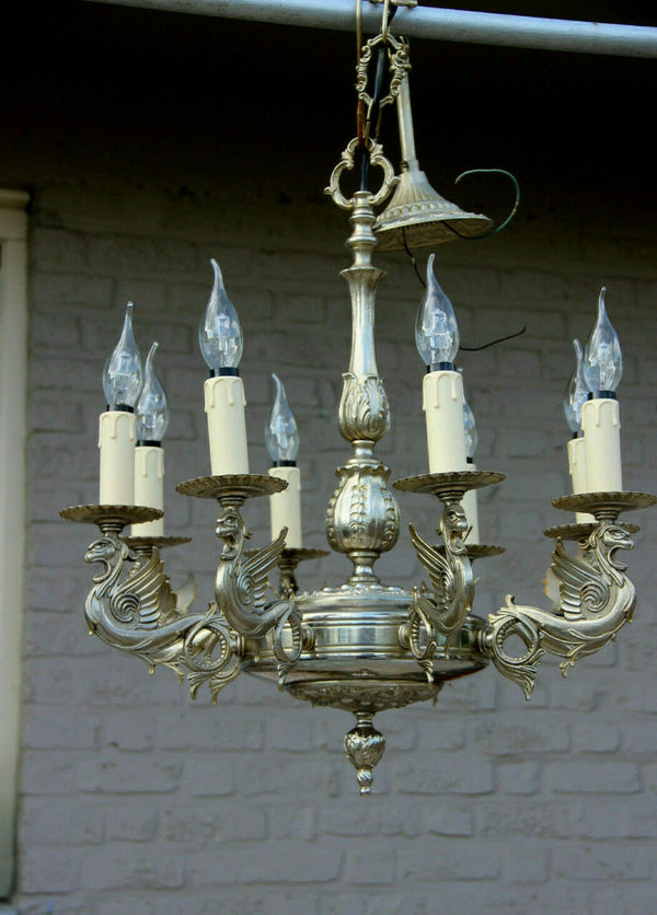 French brass silver patina gothic castle 8 arms dragon chandelier lamp