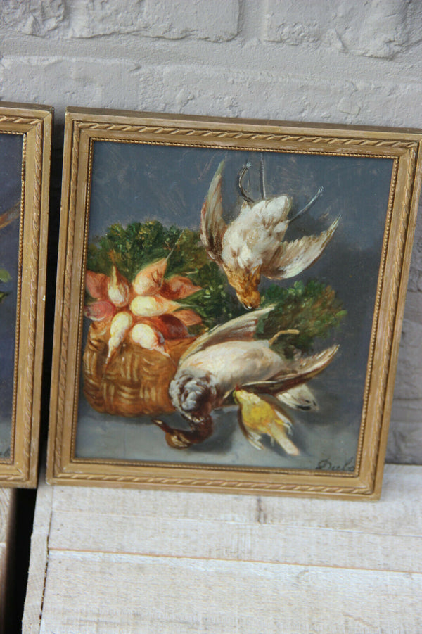 Antique pair oil panel French painting Still life hunting trophy patridge bird