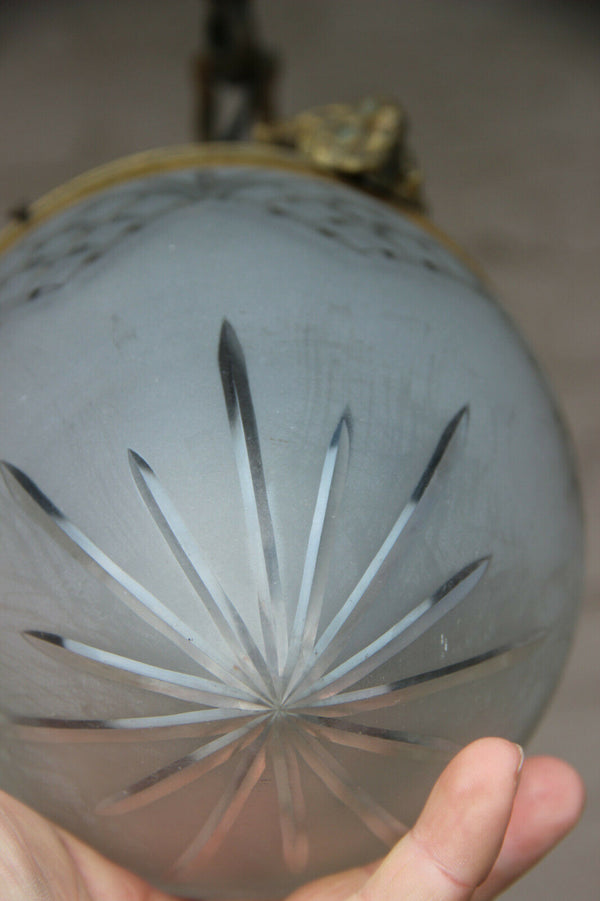 Antique French lantern pendant lamp chandelier crystal glass  shade ram heads