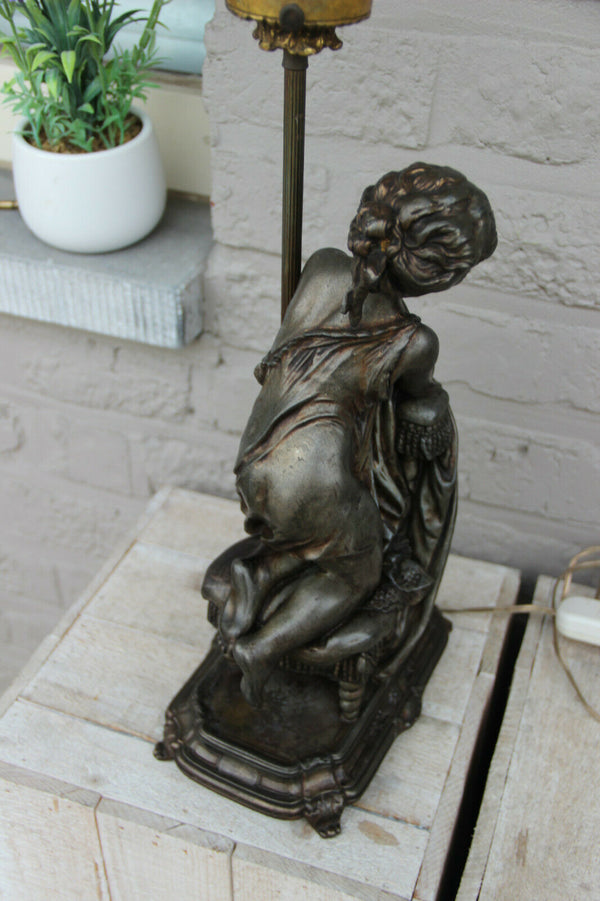 Gorgeous French Spelter bronze putti lamp glass dragon etched pink shade rare
