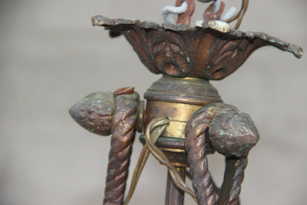 Antique French bronze tole putti angel porcelain flowers chandelier