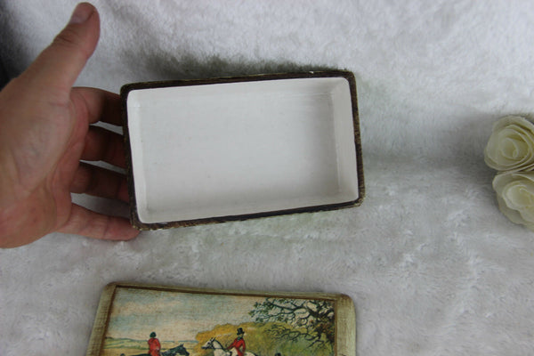 Vintage 80's French butter dish faience Serving ceramic hunting dogs scene