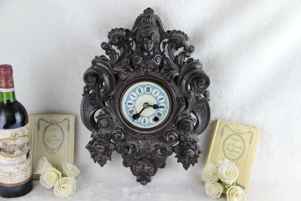 RARE Antique BLACK FOREST wood carved german wall clock caryatid lady head