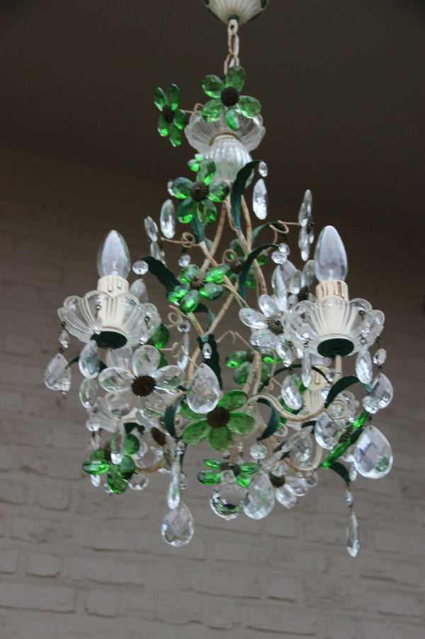 French Crystal glass green daisy flower chandelier pendant attr maison bagues