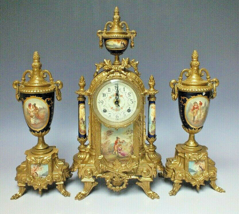 Gorgeous French Porcelain victorian scene Clock set candelabras urns FHS