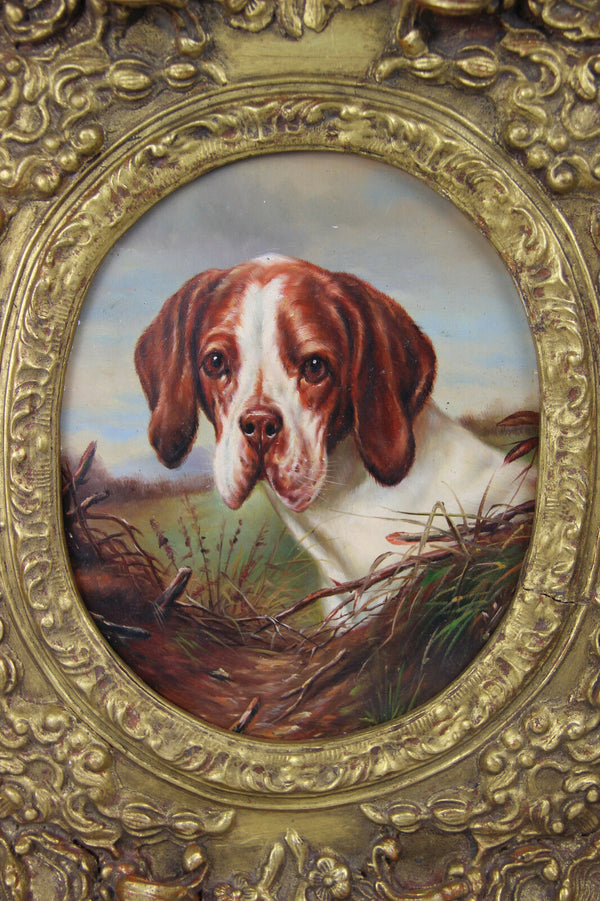 Vintage oil panel painting oval portait dog framed heavy frame