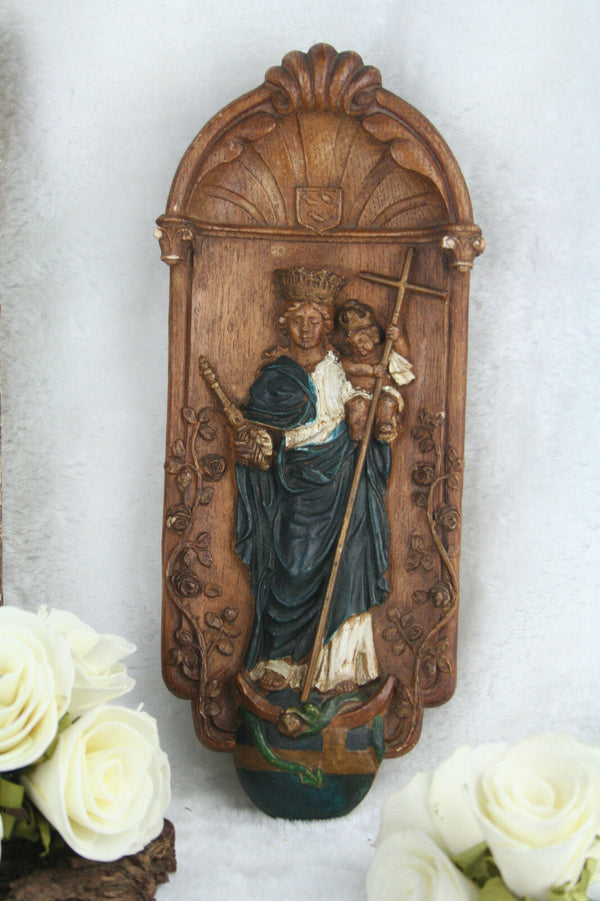 Flemish Ceramic wall madonna polychrome snake marked religious