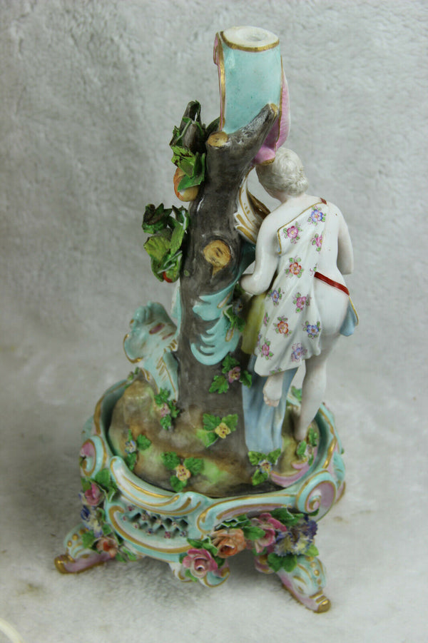 Antique porcelain table lamp figurines putti angel nude lady relief flowers