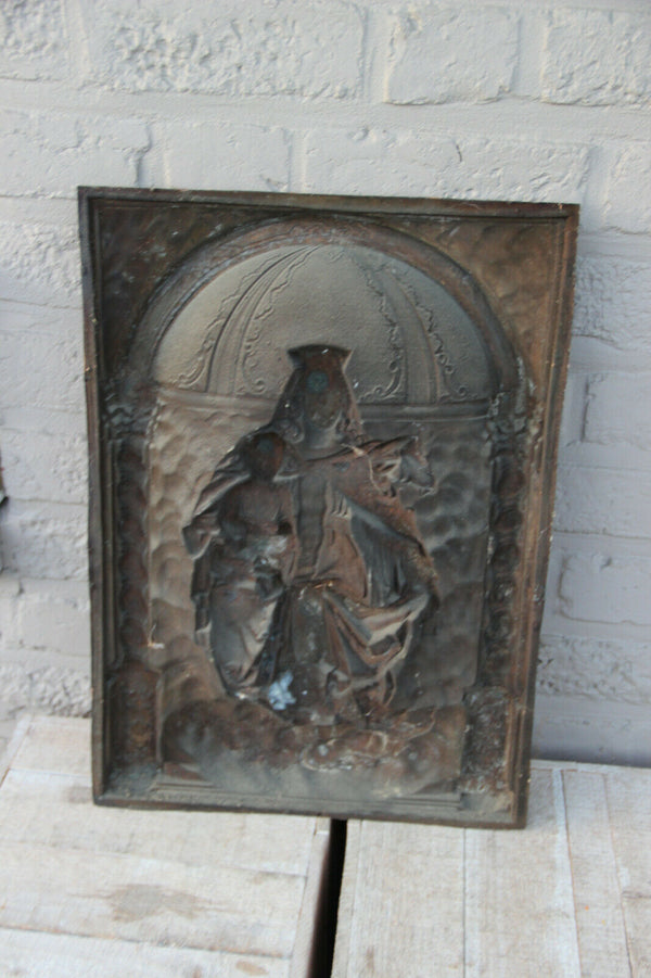 Large antique French copper embossed Relief madonna child wall panel plaque