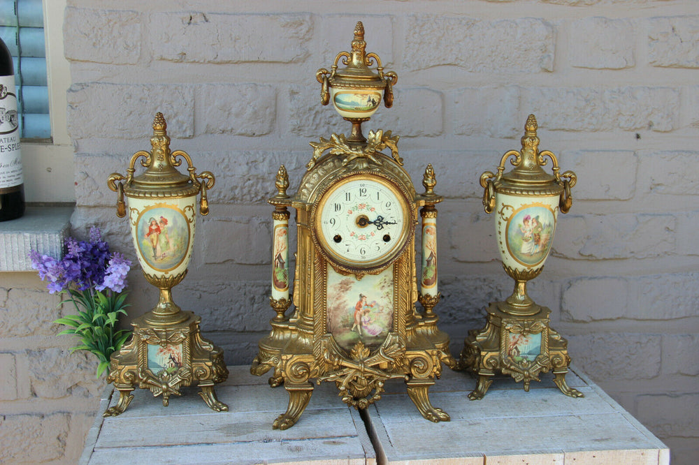 French Porcelain Clock set urns vases victorian romantic scenes