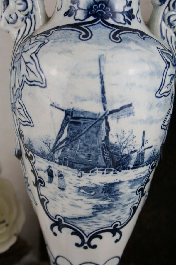 PAIR vtg 1950's Delft decor pottery Vases Mill Sailing boat scenes