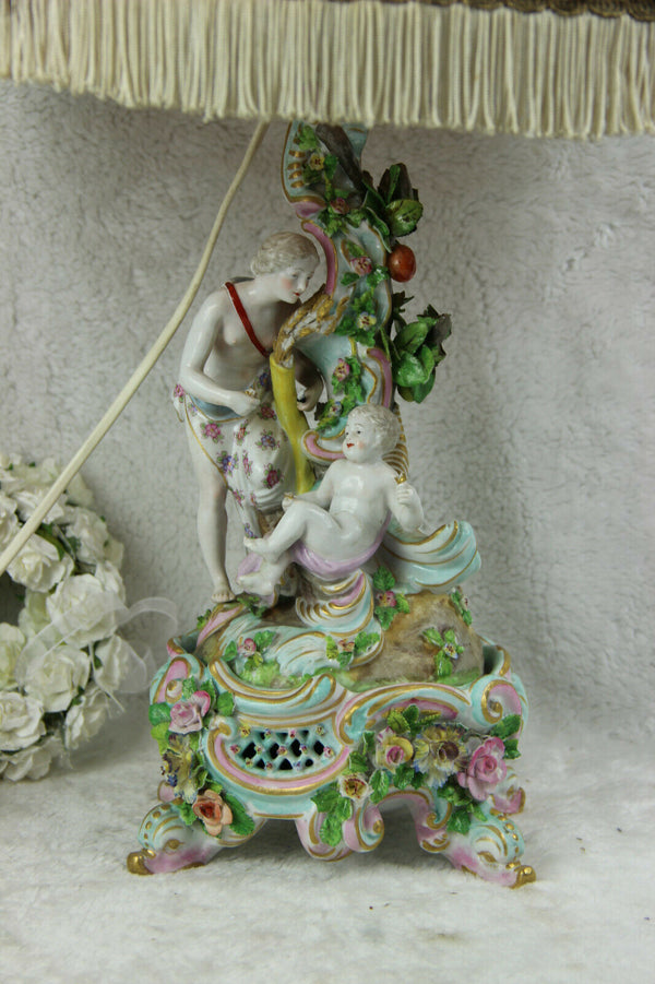 Antique porcelain table lamp figurines putti angel nude lady relief flowers