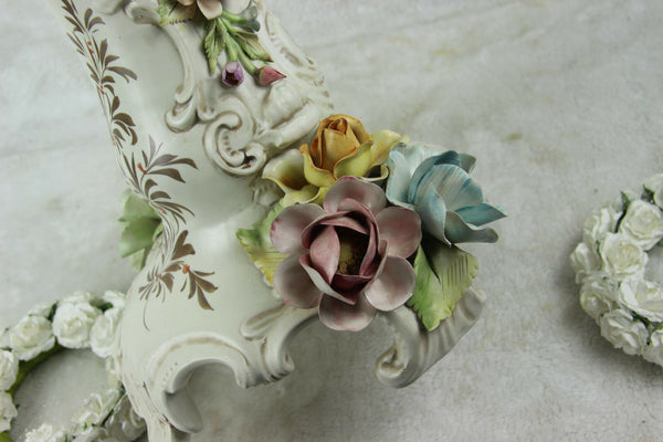 Large capodimonte Italian Ceramic relief flowers Birds 1970