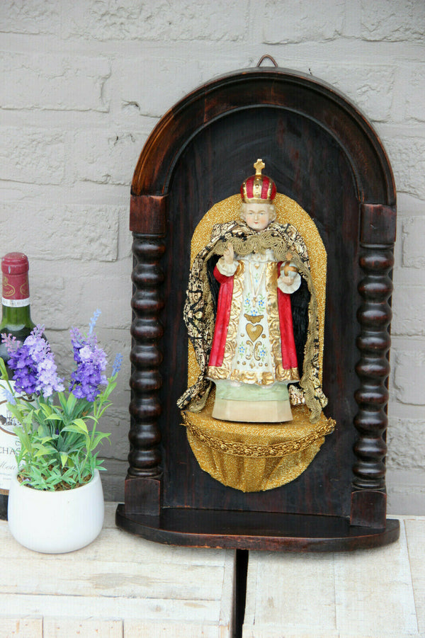 Antique French wood carved chapel with jesus of prague porcelain figurine cape