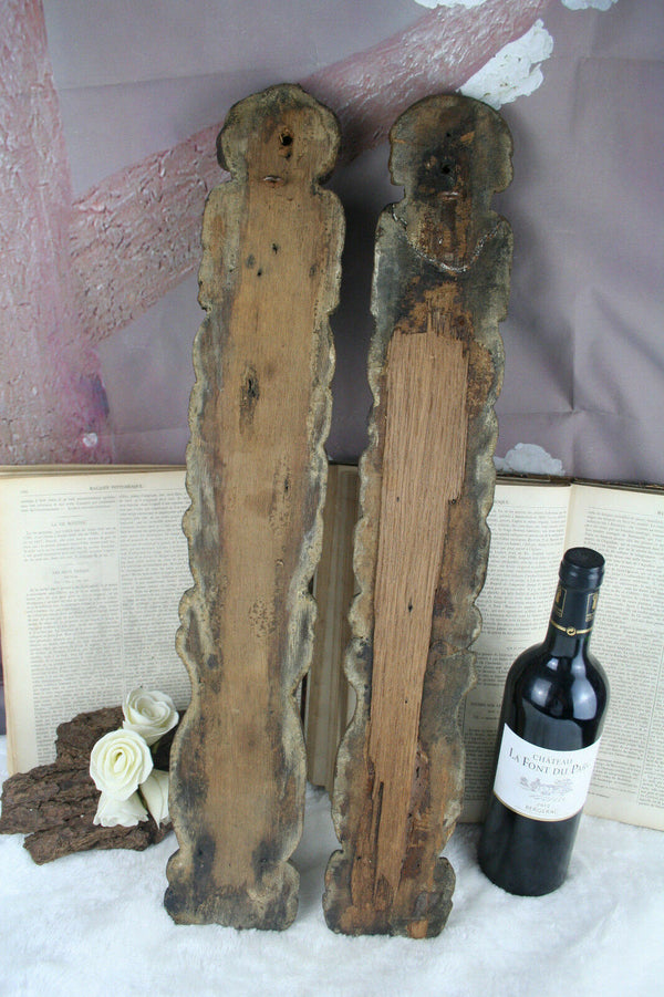 Antique 1880 PAIR German wood carved black forest panels plaques cabinet putti