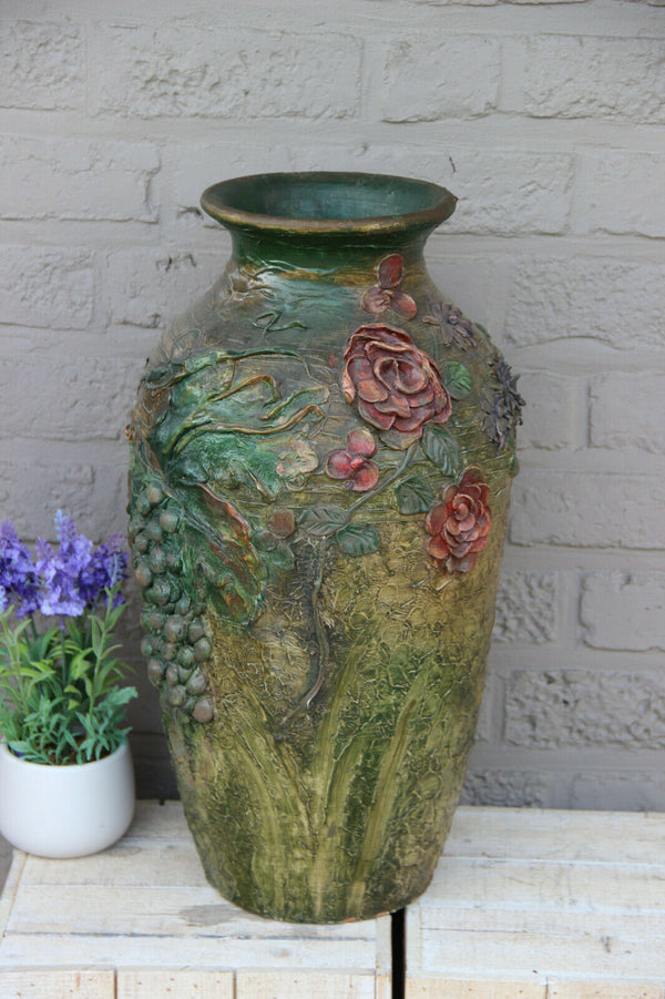 Antique Flemish earthenware terracotta XL Vase with grapes floral decor