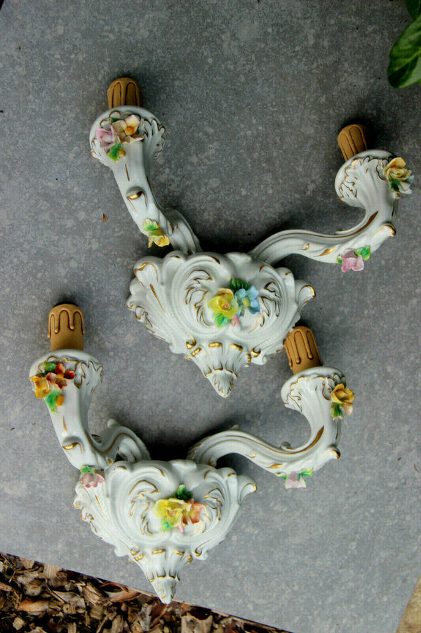 PAIR CAPODIMONTE porcelain majolica flowers sconces wall lights