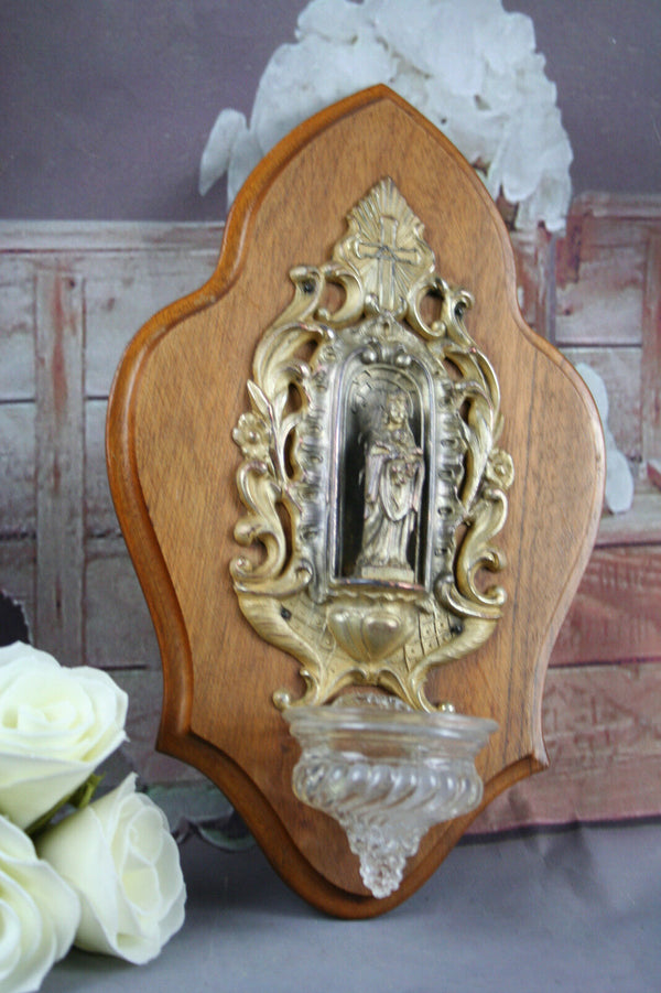 Antique FRench 1900 Brass Bronze Holy water font benitier Louis XV wood plaque