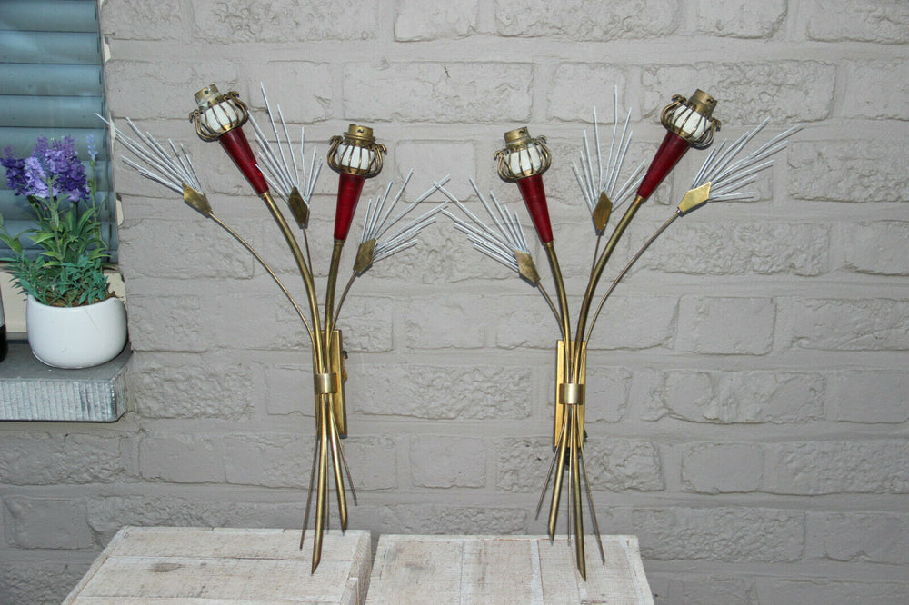 PAIR French mid century Wall lights sconces maison Lunel Red brass