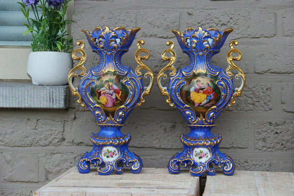 PAIR antique French vieux paris porcelain hand paint romantic victorian scene