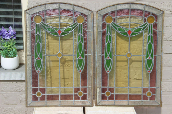 PAIR French antique art nouveau stained glass window panels