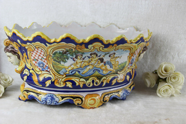 Gorgeous antique FRENCH MONTAGNON faience de nevers Planter jardiniere putti