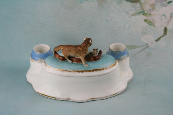Antique French vieux Paris Porcelain Inkwell fox hunting pheasant 19th c